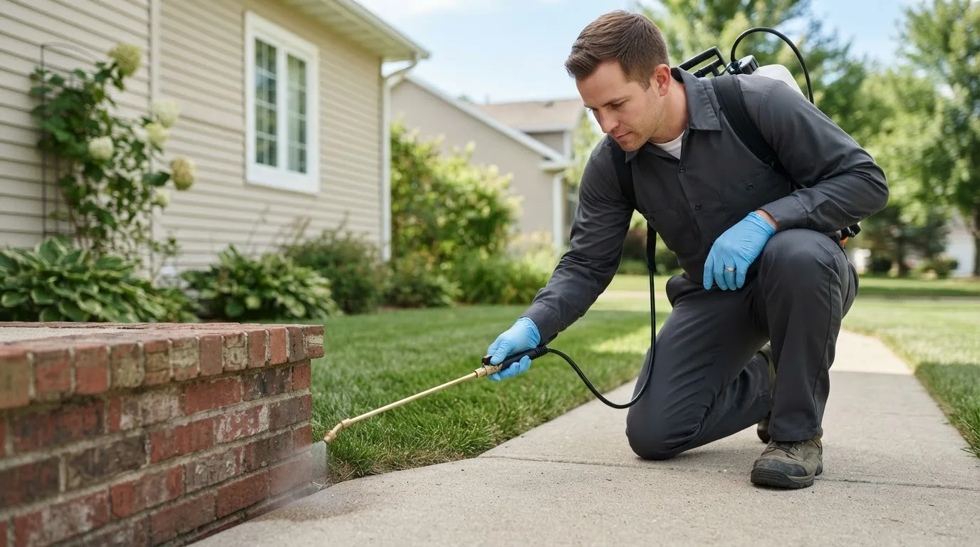 Pest control technician treating a home near West Greenwich, RI