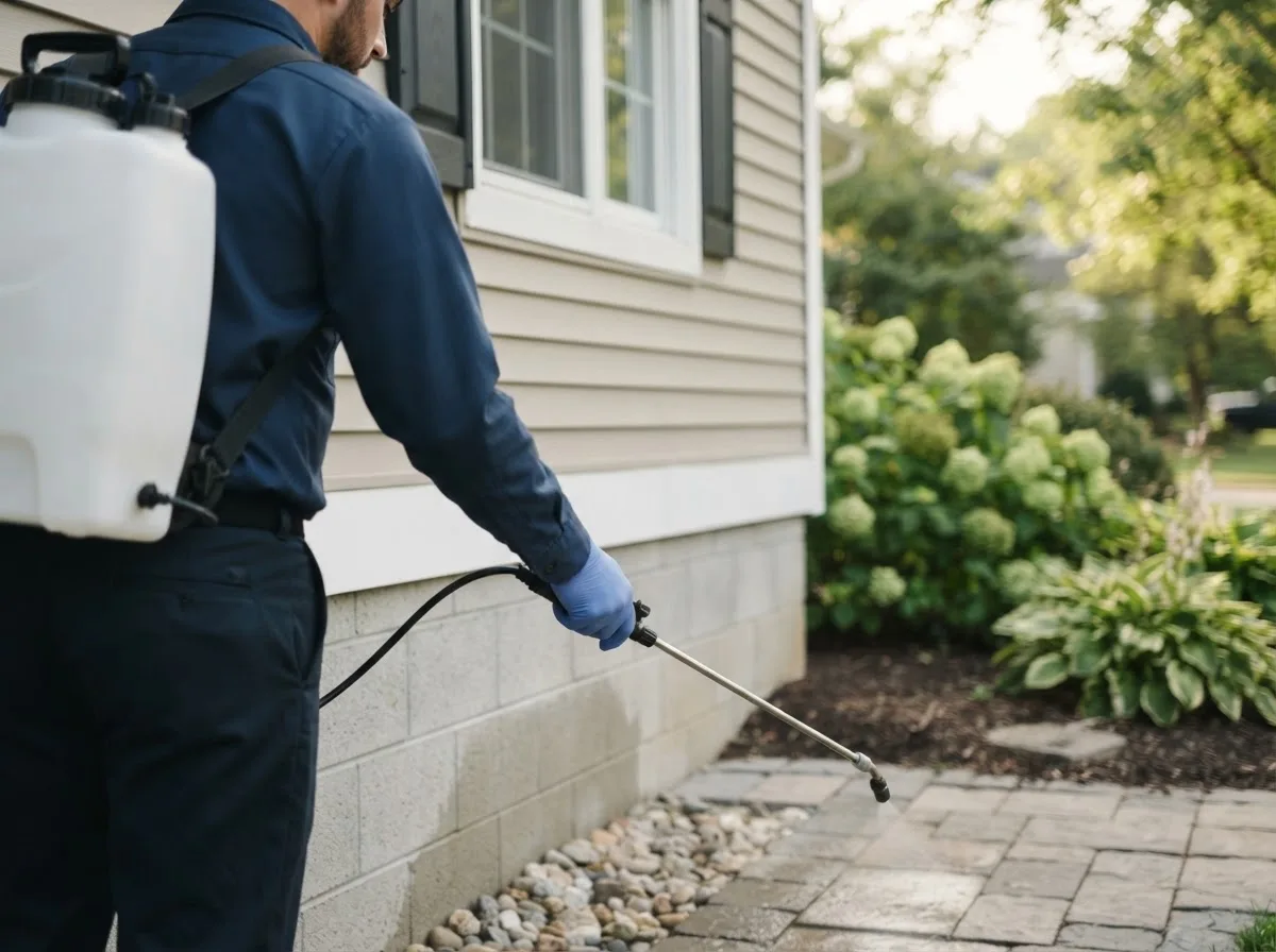 Pest control technician inspecting a home in West Greenwich, RI